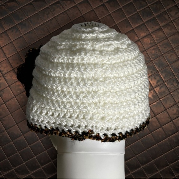 Handmade Crocheted Bun Ponytail Beanie White Brown with Flower Embellishment - Picture 3 of 8